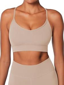 Sunzel Sports Bra for Women, Criss-Cross Open Back Adjustable Strappy Bras, Workout Gym Padded Yoga Bra with Removable Pads Beige Medium