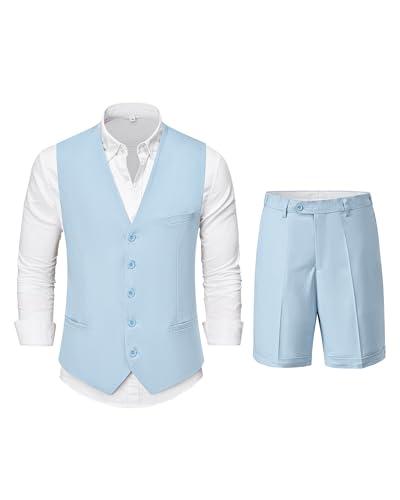 YND 2 Piece Men's Regular Fit Linen Waistcoat Shorts, Lightweight Vest Pants, Casual Wedding Beach Summer Prom Homecoming Outfit Sky Blue L