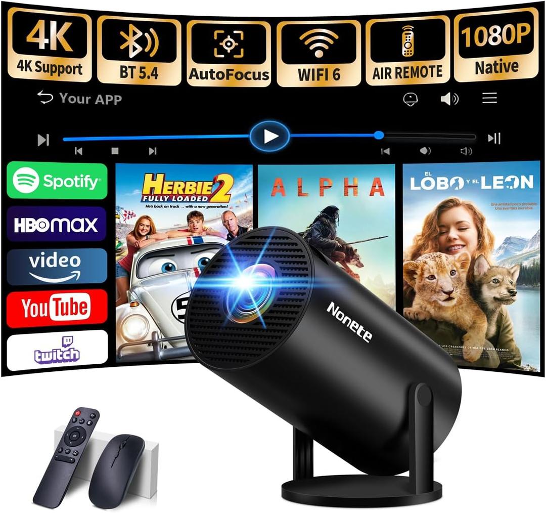 Projector 2026 UpgradedMini Projector with WiFi 6 and Bluetooth 5.2 Support 4K 1080P Auto Keystone 270 Rotatable Projector Portable Compatibile with HDMI/TV Stick/Memory Stick/Laptop-Black