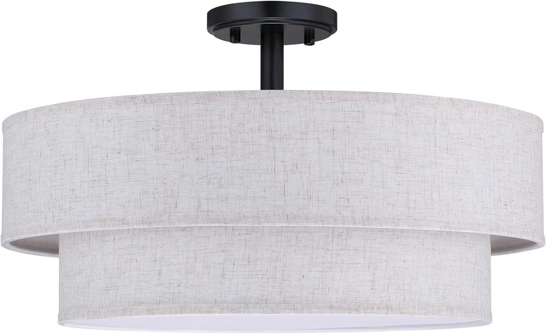 4 Lights 20 Inch Semi Flush Mount Close to Ceiling Light Fixture,Linen Fabric Shade Black Finish for Bedroom,Living Room,Dining Room Hallway