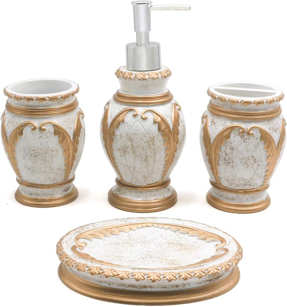 LUANT 4 Pieces Bathroom Accessory Set Including Tumbler, Toothbrush Holder, Soap Dish and Soap Dispenser, White with Gold