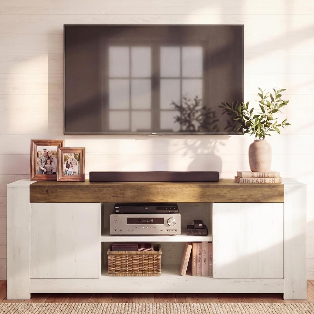 VASAGLE TV Stand, Farmhouse Entertainment Center with Storage Cabinets | Media Console Table for Living Room, Bedroom, for 65 Inch TV, Rustic White and Honey Brown ULTV623W201S