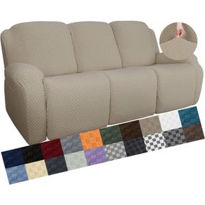 YEMYHOM 8 Pieces Stretch Recliner Sofa Cover Latest Jacquard Reclining Couch Cover with Side Pocket Anti-Slip Fitted 3 Cushion Furniture Slipcovers with Elastic Bottom (Sofa Recliner, Khaki)