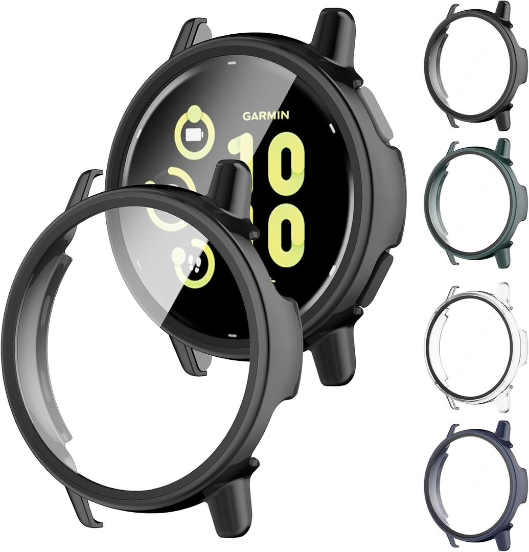 Screen Protector Case for Garmin vvoactive 5 Smartwatch, [4-Pack] Hard PC Bumper & Tempered Glass Film Replacement Accessories for Garmin vivoactive 5 (Black/Green/Navy Blue/Clear)