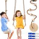 Tree Swing Climbing Rope 2 Pack Multicolor with Platforms Red Disc Swings Seat - Outdoor Playground Set Accessories Tree House Flying Saucer Outside Toys - Bonus Carabiner and 4 Feet Strap (Khaki)