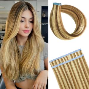 Highlighted Honey Blonde Tape in Hair Extensions Real Human Hair Invisible Remy Mini Tape in Straight Natural Hair Extensions for Women