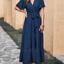 MASCOMODA Womens Summer Swiss Dot Maxi Dresses Wrap V Neck Flutter Short Sleeve Boho Casual Flowy Long Wedding Guest Dress (Blue, L)