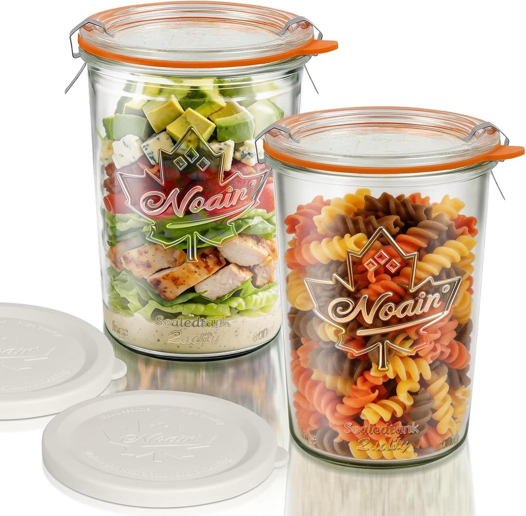 Wide Mouth Canning Jars 27 oz - 2 Pack Sourdough Starter Jars with Glass Airtight Lids & Plastic Lids, Large Glass Canisters with 2 Measurement Marks for Food Storage, Fermenting, Pickling, Meal Prep