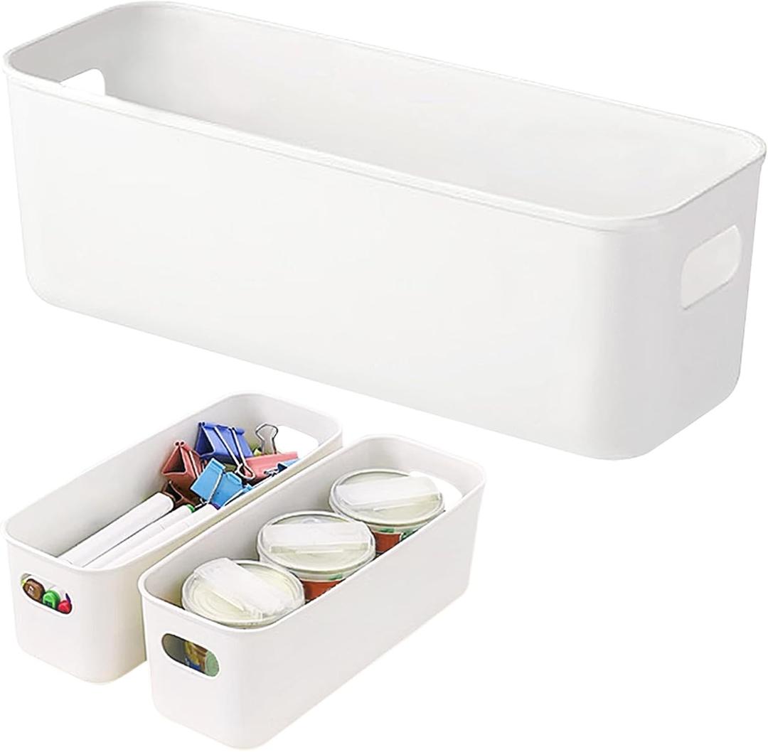 3 Pack White Storage Bin, 10" Long Bathroom Organizing Bins, Plastic Organizer Bins with Handles for Vanity, Pantry, Shelves