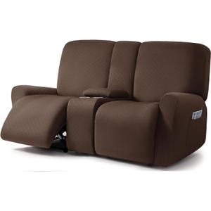 ULTICOR Squared Jacquard Design Reclining Loveseat with Middle Console Slipcover, 8-Piece Stretch Sofa Covers, 2 seat Loveseat Recliner Cover, Washabl (Loveseat With Console Recliner Cover, Chocolate)