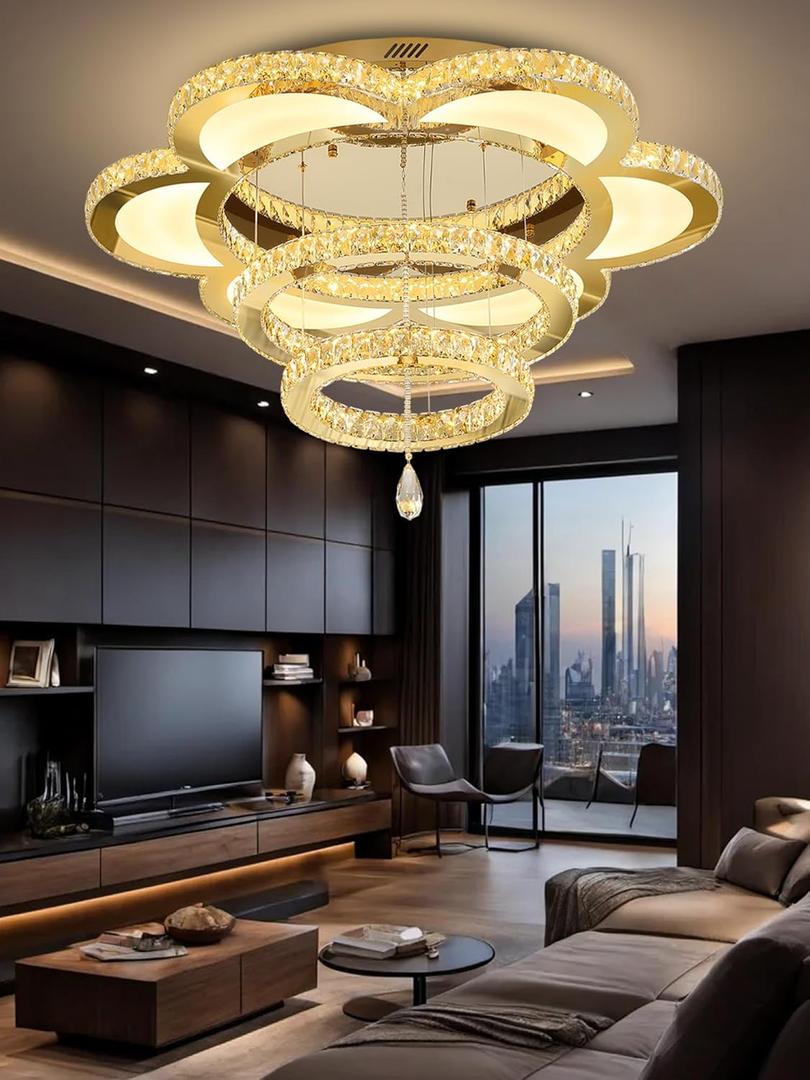 W40 Modern Gold Chandelier Living Room Ceiling for Dining Room,Bedroom, Restaurant Crystal Chandelier Lamparas de LED Dimmable 2700-6000K Fixture