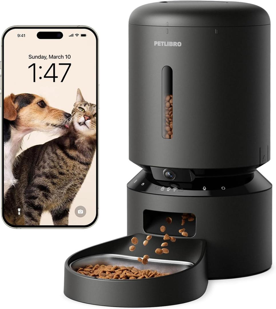 PETLIBRO Automatic Cat Feeder with Camera, 1080P HD Video with Night Vision, 5G WiFi Pet Feeder with 2-Way Audio, Low Food & Blockage Sensor, Motion & Sound Alerts for Cat & Dog Single Tray (Black)