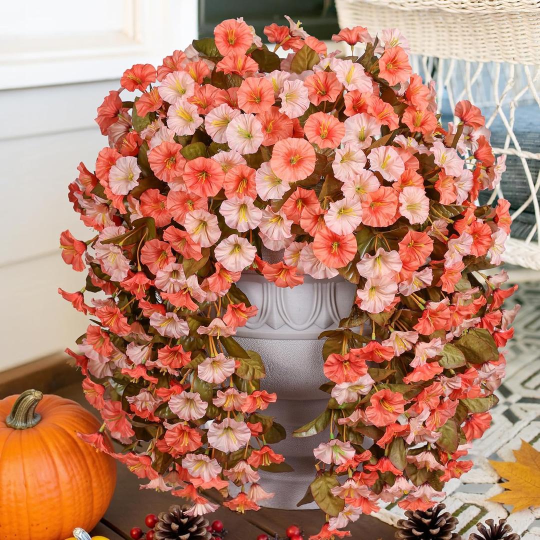HyeFlora Artificial Fake Fall Hanging Flowers for Outdoor Decor, 2PCS Faux Silk Morning Glory Hanging Plants Mums Vine for Home Garden Wall Party Indoor Outside Decoration (Fall Orange+Light Orange)