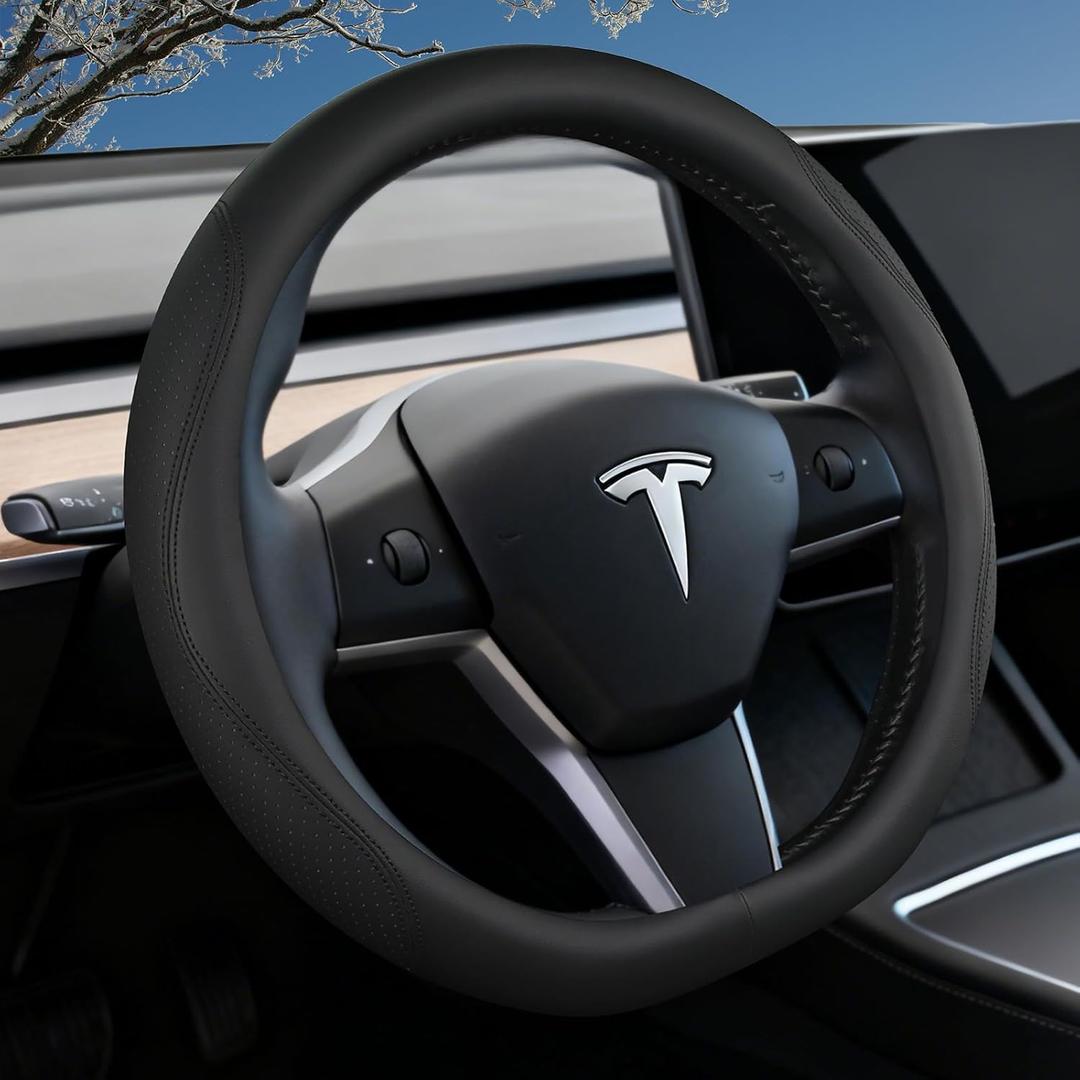 Steering Wheel Cover for Tesla Model 3 (2017-2026) & Model Y (2020-2026) - Custom Fit Leather Cover for Highland/Juniper 15" D-Shape Wheel - Premium Interior Accessory (Black)