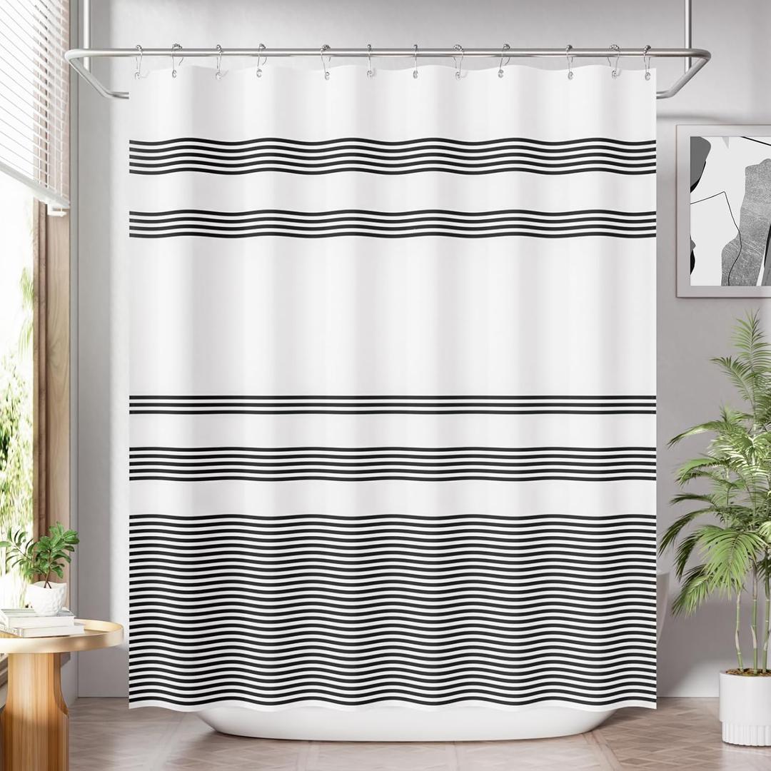 AmazerBath Long Shower Curtain, 72x78 Striped Black Fabric Shower Curtain Set with 12 Shower Curtain Hooks, Rustic Cloth Black and White Shower Curtain, Farmhouse Bathroom Shower Curtain Sets