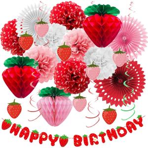 Strawberry Birthday Decorations Happy Birthday Banner berry first birthday decor Tissue Pom Poms Red Pink Fans Hanging Swirls honeycomb ball Party Supplies Strawberry Shortcake Party Decor
