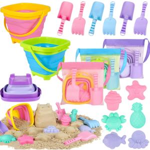 Collapsible Beach Toys for Kids, 3 Pack Foldable Sand Buckets and Shovels Set with Mesh Bag, Silicone Pails Shovels Molds, Sandbox Travel Sand Toys for Beach Essentials for Toddlers Kids Age 3-10