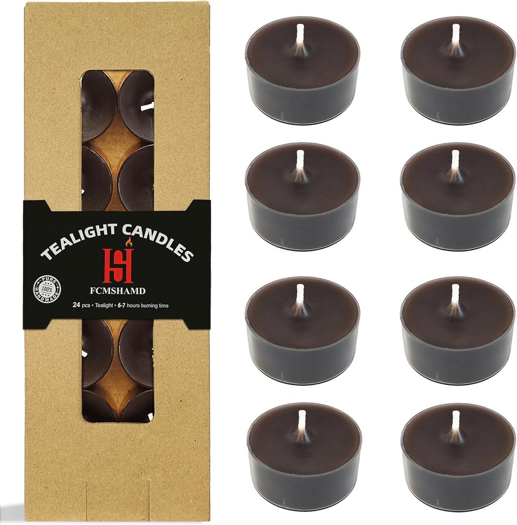 Tea Candles Handmade 24 Pack Coffee Scented Smokeless Tea Lights Candle 7 Hour Long Burning Tealight Candle for Party Yoga Spa Decor(Brown) (Round)