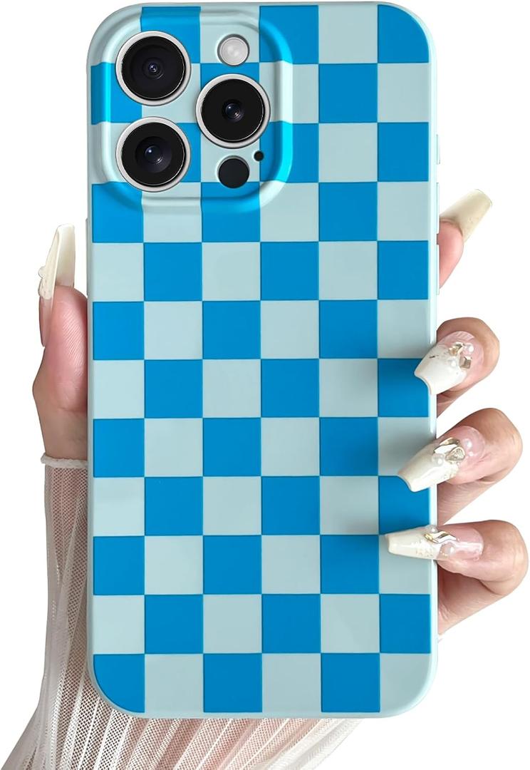Skyseaco Compatible with iPhone 15 Pro Max Case Cute Checkerboard Checkered Pattern Design Soft Slim TPU Phone Case Shockproof Full Camera Protection for Women Girls - Blue