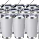 MEWAY 20oz Tumbler 12 Pack Double Wall Vacuum Insulated Travel Mug Bulk, Stainless Steel Tumblers with Lid and Straw, Durable Powder Coated Coffee Cups for Cold & Hot Drinks (White, 12)