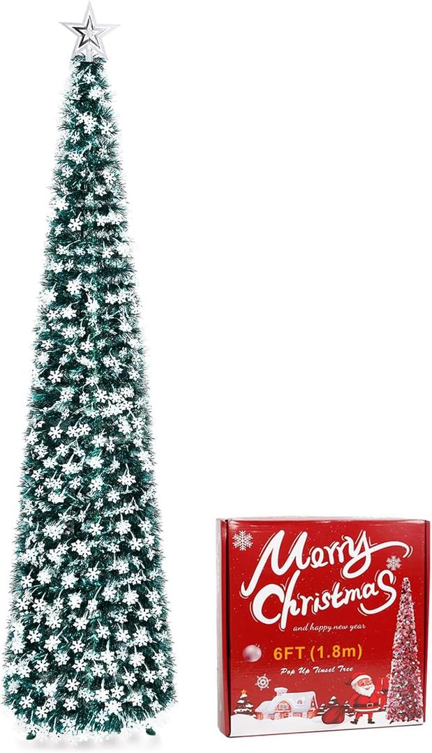 QUIENKITCH 6FT Pop Up Christmas Tree - Snowflake Tinsel Christmas Tree with Star Topper | Collapsible Tall Skinny Pencil Tree Xmas Decoration for Holiday Home Office Party