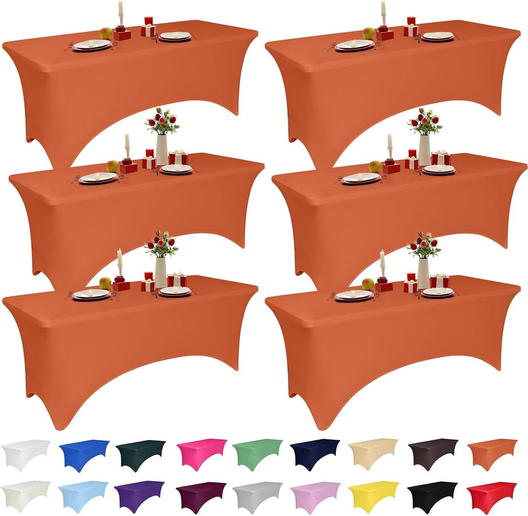6 Pack 6 Feet Orange Spandex Tablecloth for Rectangular Tables, Fitted & Stretch, Washable, Wrinkle Resistant, Perfect for Event, Wedding, Party, Banquet, Cocktail, Festival, and Table Protector