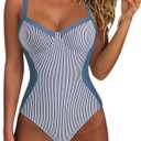 SUUKSESS Womens Tummy Control One Piece Swimsuit Sexy Crisscross Back Bathing Suit (Large, Striped Blue)