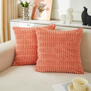 Sunday Praise Pack of 2 Coral Corduroy Decorative Throw Pillow Covers 18x18 Inch Soft Boho Striped Square Pillow Cases for Couch Sofa Bed Rustic Farmhouse Modern Home Dcor