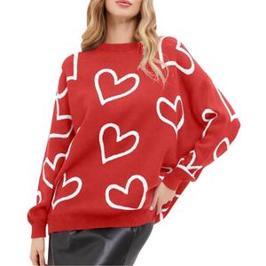 KNEYATTA Valentines Sweaters Heart Print Sweater Women Love Heart Sweatshirt Graphic Knit Pullover Tops (Medium, Red)