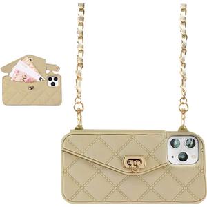 UnnFiko Wallet Case Compatible with iPhone 12 Pro, Cute Light Luxury Bag Design, Purse Flip Card Pouch Cover Soft Silicone Case with Handstrap Long Shoulder Strap (Khaki, iPhone 12 Pro)