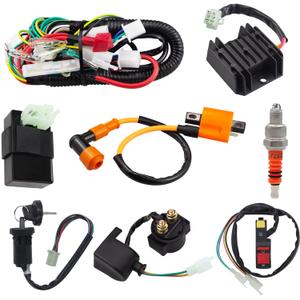 Set of 8 Complete Wiring Harness CDI Ignition Coil Solenoid Relay Spark Plug Kits Replacement Parts Fit for Most 150CC 200CC 250CC Chinese Made ATV Go Kart Quad 4 Wheeler Dirt Pit Bikes.