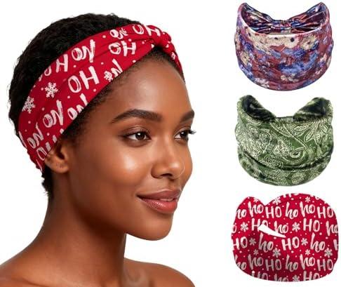 XEF Headbands for Women Bohemian Wide Floral Thick Hair Band No Slip Gym Elastic Twist Knot Athletic Headband Sweatbands Fashion Hair Accessories for Teen Girls 3 Pcs