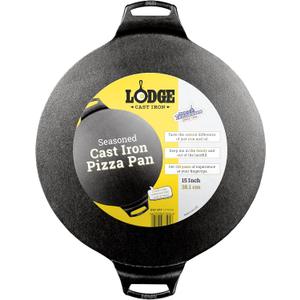 Lodge Seasoned Cast Iron Pizza Pan - Pre-Seasoned, Round Pizza Pan with Dual Assist Handles - Even Heat Distribution- PFAS-Free, Non-Toxic Cookware - Oven Safe - 15 Inch