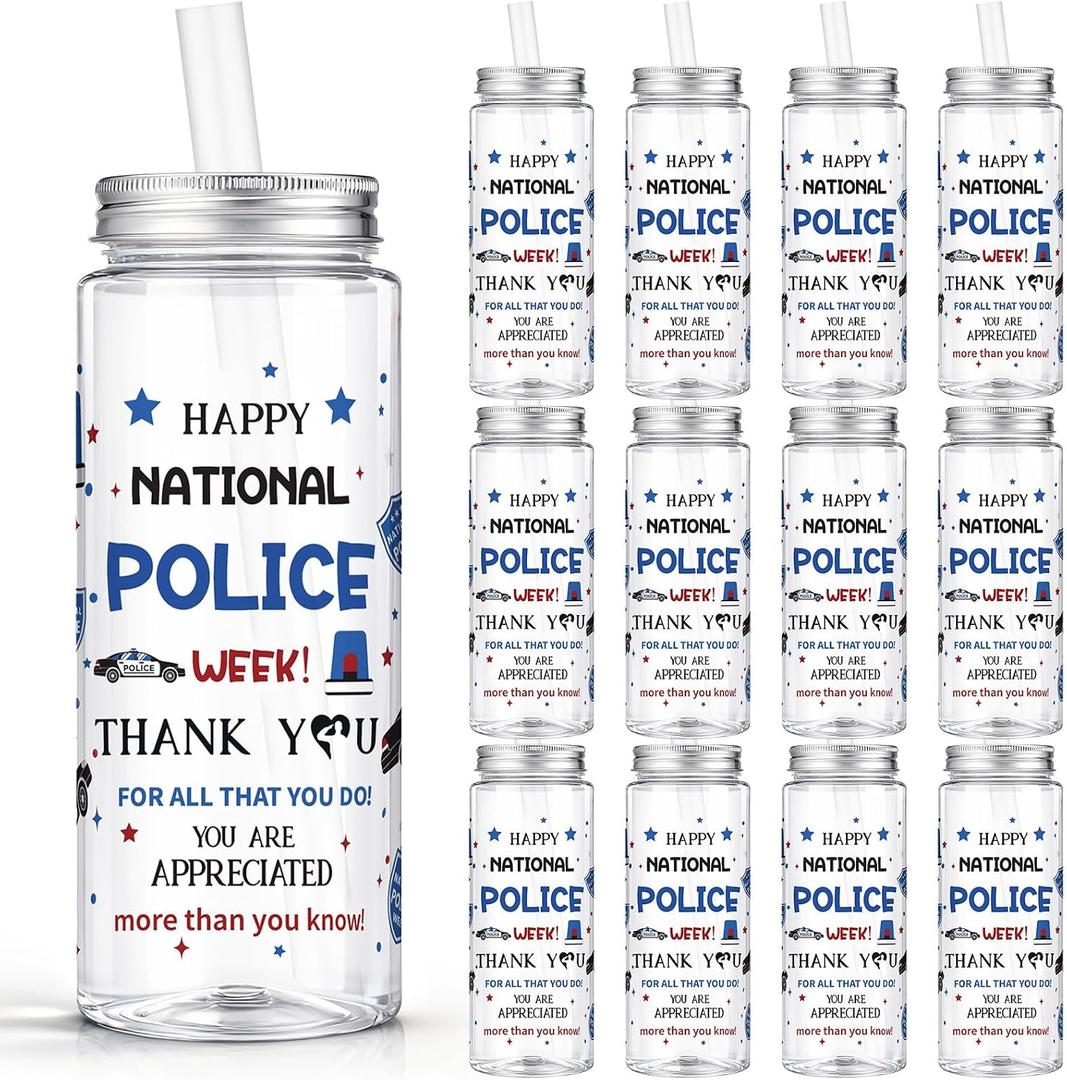 Vesici 24 Pcs National Police Week Appreciation Gift 14.2oz Thank You Gifts Lid and Straw Plastic Reusable Tumbler Bulk Inspirational Gifts Cold Drinking Cup for Police Week Party Favors