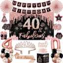 40th Birthday Decorations for Women,32PCS 40th Birthday Party Decorations, Including Backdrop, Crown, Sash, banner, Hanging Swirl, Cake Topper, balloons, Paper Fans, Anniversary Card and paper fans