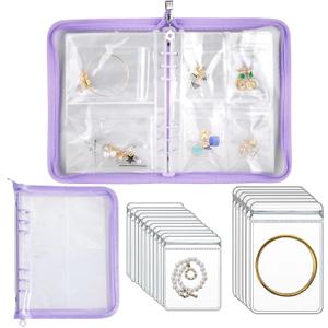 Travel Jewelry Organizer Transparent Jewelry Storage Book Set with Pocket Traveling Necklace Earring Organizer with Zipper for Ring, Bracelets, Stud (120 Grids +75 Thicken PVC Zipper Bags, Purple)