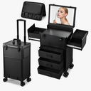 Rolling Makeup Case with lighted mirror, Cosmetology Case on Wheels with LED Mirror, Professional Salon Trolley Cart with Drawer,Travel Makeup Lockable Beauty Organizer with Live Stream Light