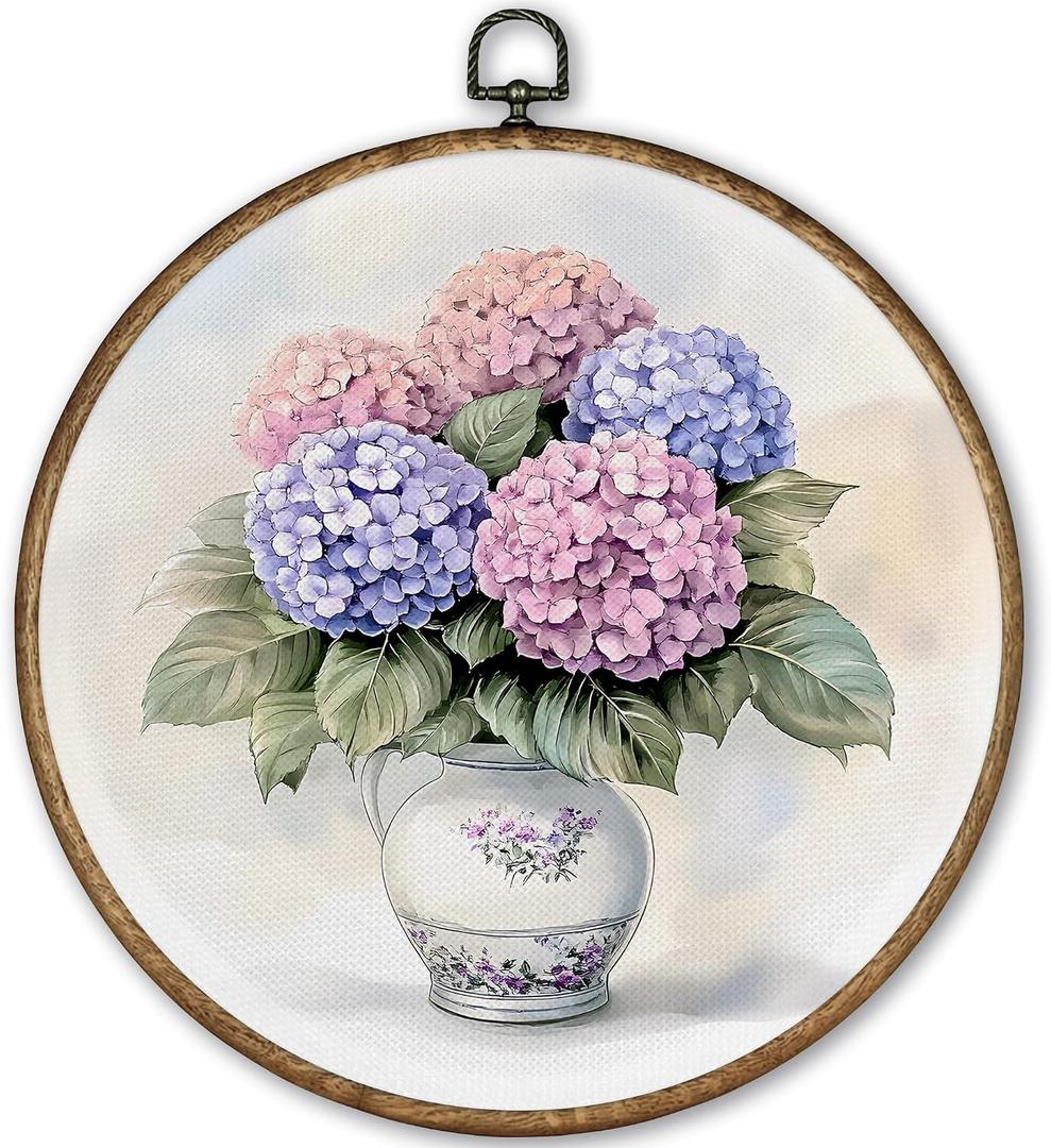 2 x TLESKE Vintage Hydrangea Flowers Round Wall Art Decor Framed 10x10, Chinoiserie Spring Floral Canvas Wall Art Prints Artwork, Grand Millenial Grandmillennial Wall Hanging Decor for Bedroom Living Room, (Mix)