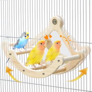 Bird Perch Toy with Mirror for Cage, Interactive Rocking Parakeet Toys and Perches, Wood Exercise Wheel Cockatiel Toys, Birds Enrichment Toy for Parrot, Bird Cage Accessories Perch for Budgies Conure