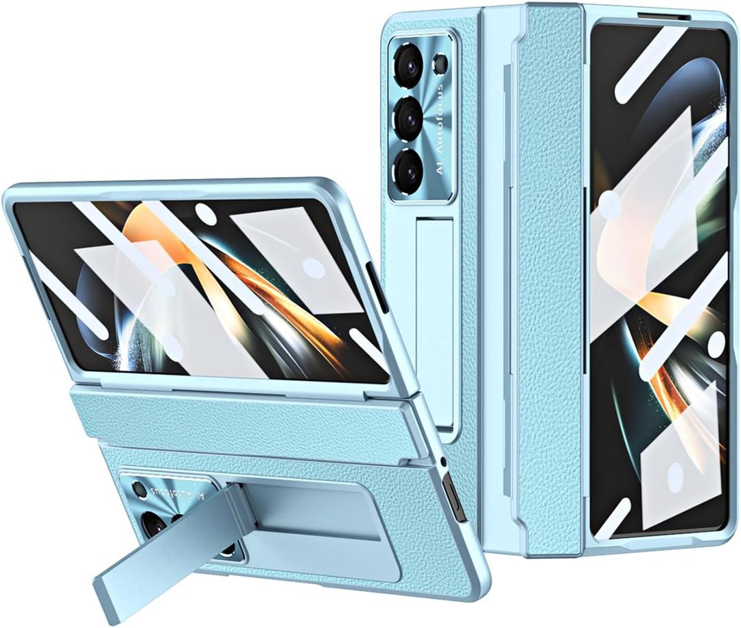 Z Fold 5 Case, One-Piece Housing Hinge Protection Leather ZFold5 Case with Kickstand, Compatible with Samsung Galaxy Z Fold 5 2023 (Blue)