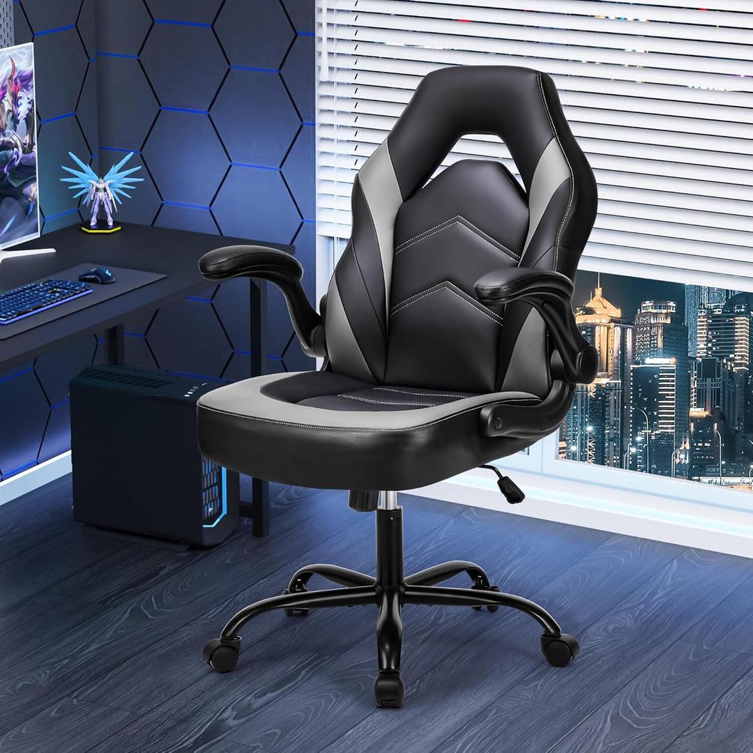 NEWBULIG Computer Gaming Desk Chair - Big Tall Ergonomic Lumbar Support with Flip-up Armrest and 360 Swivel Wheels, PU Leather Height Adjustable, for Home and Office, Grey