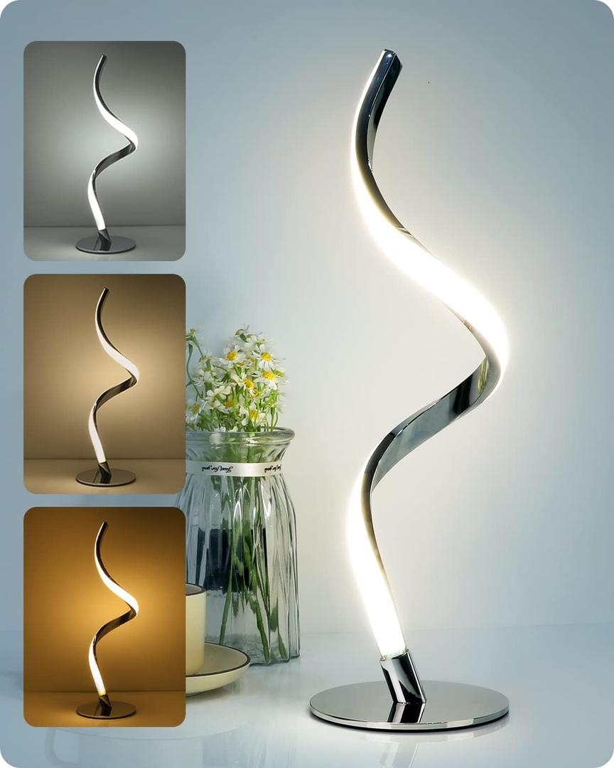 Yarra-Decor Modern Spiral Bedside Lamp - 3 Colors Touch Control LED Table Lamp, Stepless Dimmable Nightstand Lamps for Bedroom Living Room & Office(3000K 4000K 5000K) (Silver)