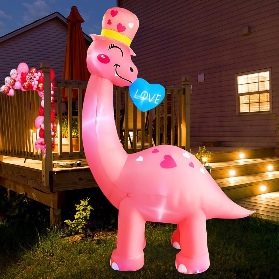 BLOWOUT FUN 8 Ft Valentine's Day Inflatable Dinosaur Light Up Decoration Blow Up Brachiosaurus for Birthday Wedding Anniversary Party Decor