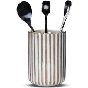 Ceramic Spoon Holder for Coffee Bar, Upright Tea Spoon Holder Cup, Coffee Stirrers Straws Stir Stick Holder, Fish Belly White Fluted Surface