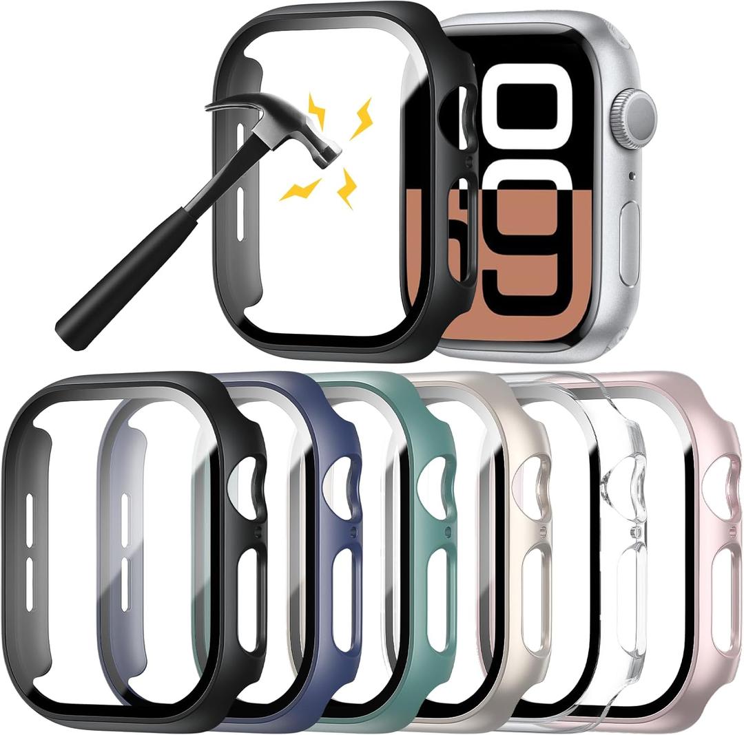 6 Pack Hard PC Case Compatible with Apple Watch Series 10 42mm with Tempered Glass Screen Protector,Rontion Ultra-Thin Scratch Resistant Full Protective Bumper Cover for iWatch 10 42mm Accessories (Black+Blue+Green+Starlight+Clear+Rose Gold)