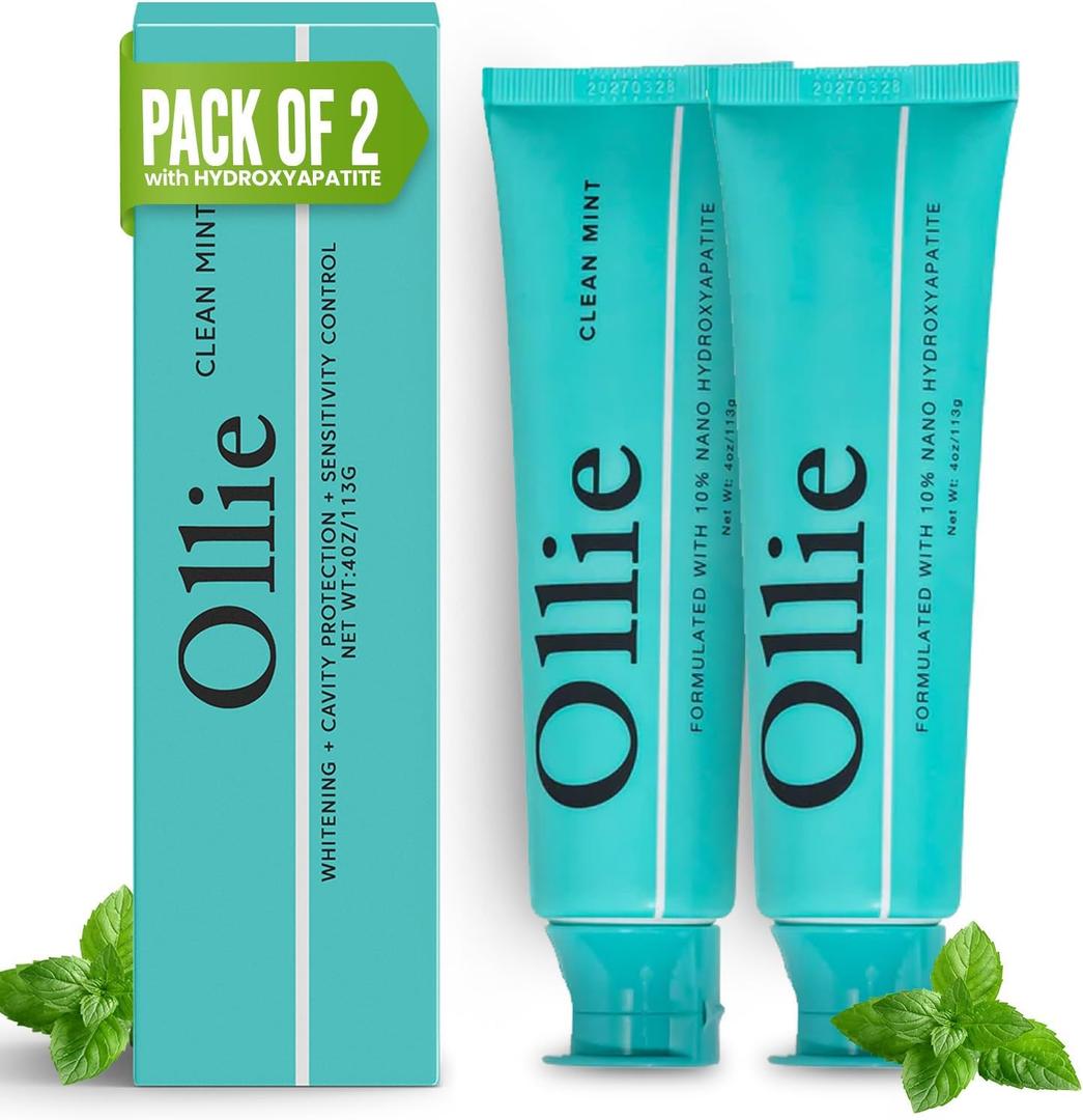 Ollie Clean Mint Nano Hydroxyapatite Toothpaste for Teeth Whitening, 10% Hydroxyapatite Formula, (Pack of 2, 4oz)