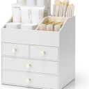 VLANDO Makeup Organizer Countertop,Large Vanity Organizer PU Leather Make up Storage with 4 Drawers Skin care Organizer Cosmetic Display Case for Lipstick,Brushes,Bedroom-White