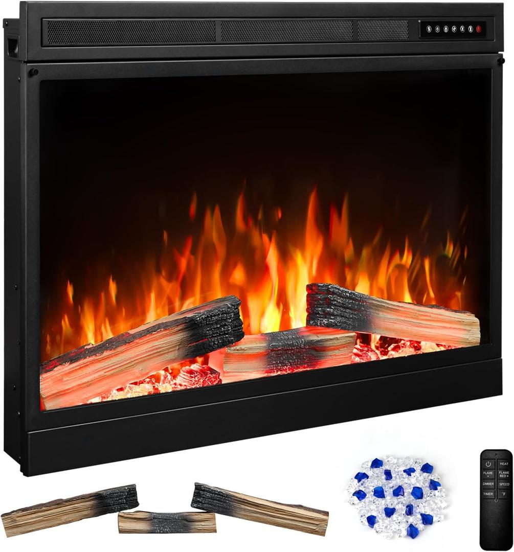 Electric 36" Electric Fireplace Insert, Adjustable 5 Flame Colors, 12 Log Colors, 5 Flame Speeds and Brightness, Remote Control, Timer, Adjustable Temperature from 50F to 99F, 750W/1500W (36"X27")
