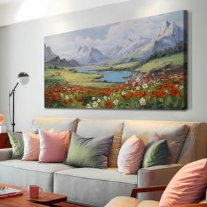 Landscape Wall Art Canvas for Living Room Mountain Red Flower Painting Bedroom Textured Floral Nature Scenery Picture Framed Artwork for Office Home Wall Decor, 40"x20"