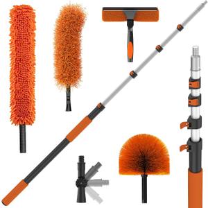 26FT High Reach Duster Kits with 5-20FT Extension Pole, Cobweb Duster with Telescoping Pole, Washable Ceiling Fan Cleaner & Window Squeegee for Glass Surfaces & High Roof